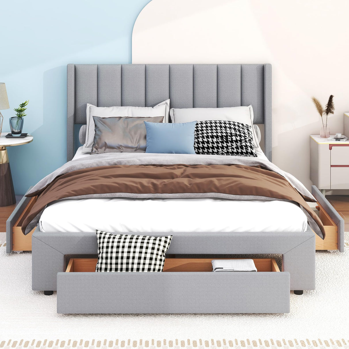 Queen Size Upholstered Platform Bed with One Large Storage Drawer in The Footboard