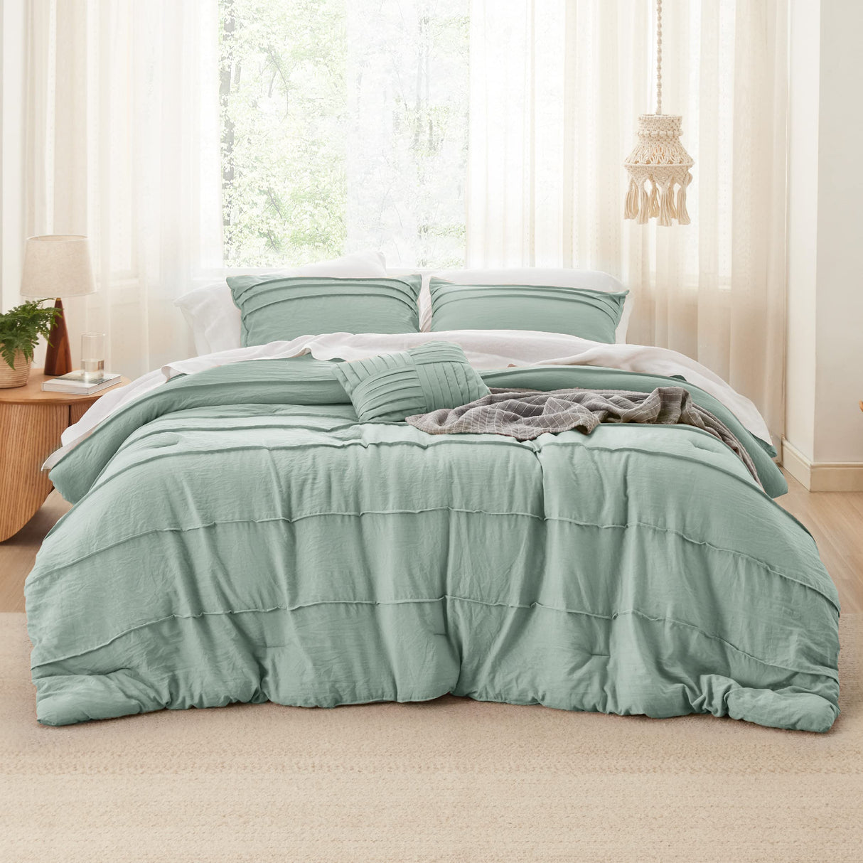 Sage Green California King Comforter Set - 4 Pieces Pinch Pleated Bed Set