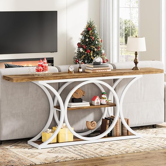 63 Inch Extra Long Rustic Industrial Console Table with 3-Tier Storage