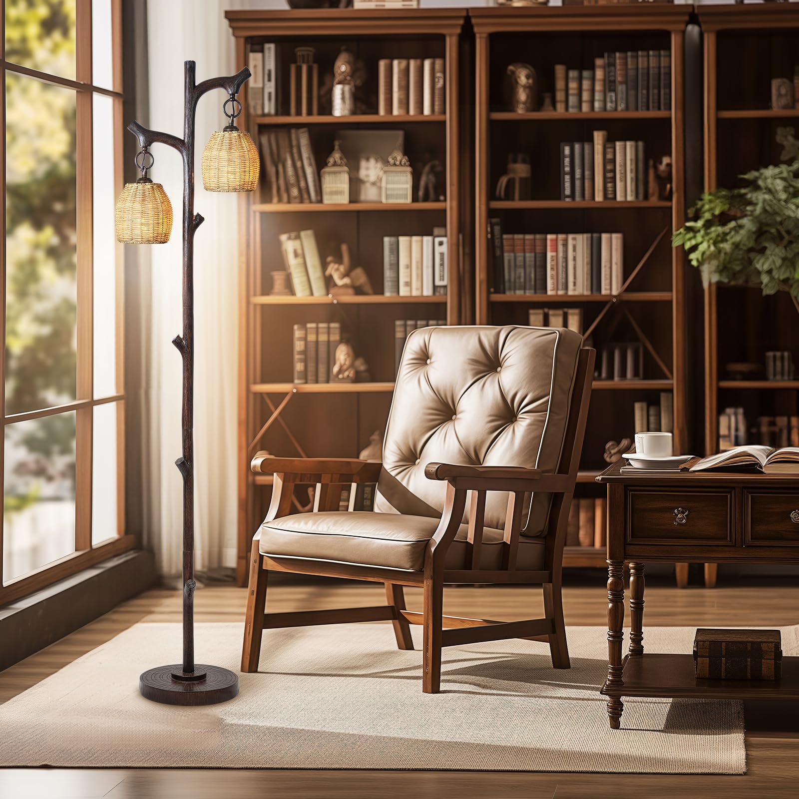 Farmhouse Floor Lamp – 68” Rustic Tree Trunk Lamp with Wicker Drum Shades