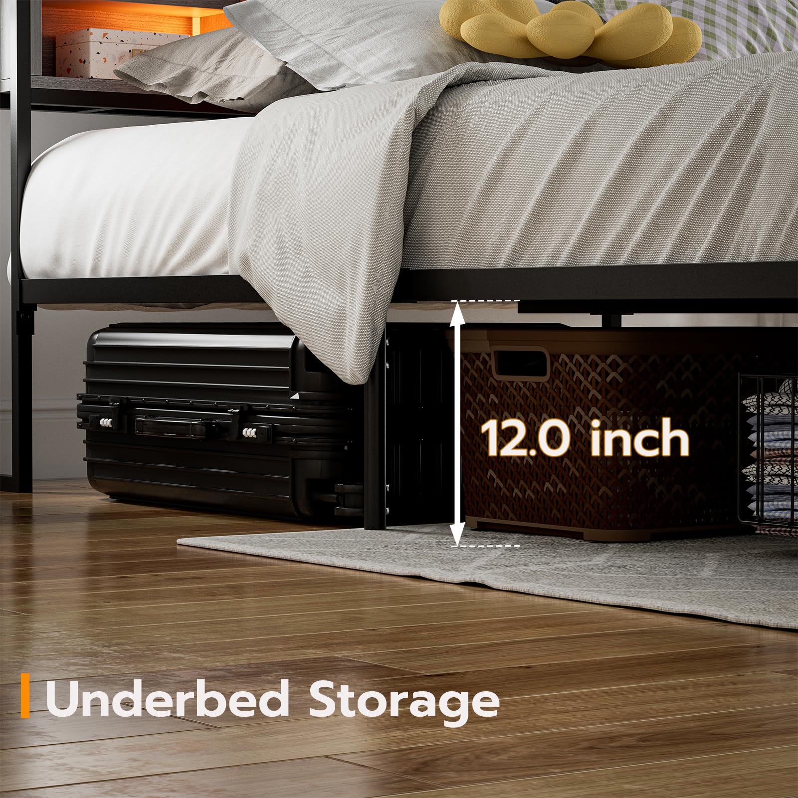 KZNGK California King Bed Frames with Storage Headboard & Charging Station, Upholstered Linen LED Platform Bed with 2 Drawers, No Box Spring Needed,No Noise, Gray