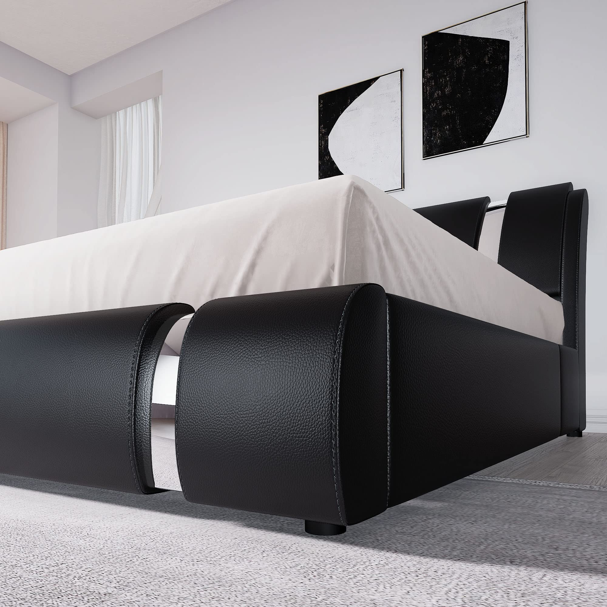 King Size Bed Frame with Iron Piece Decor, Faux Leather Upholstered Platform Bed