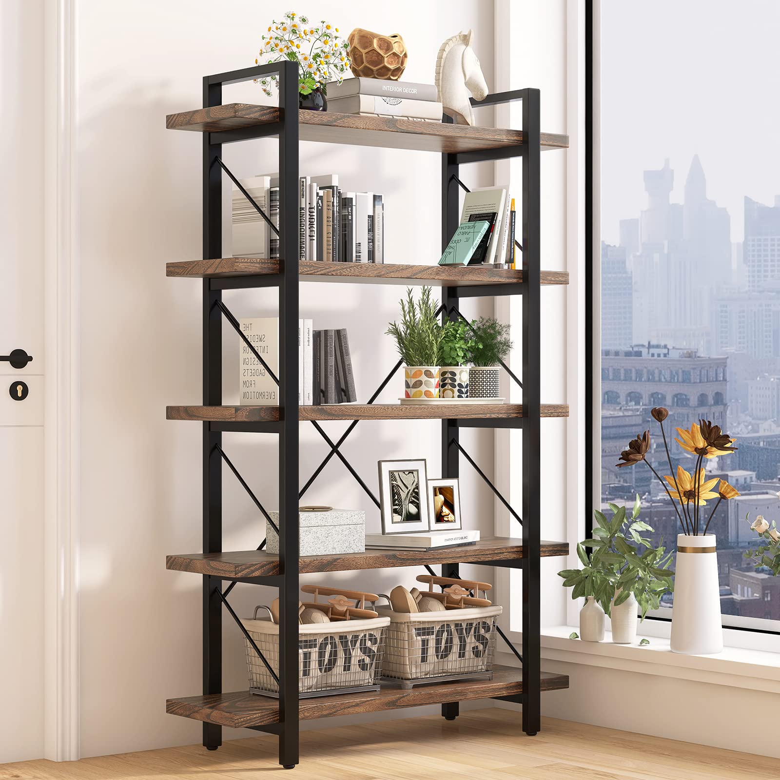 5-Tier Bookshelf Large Etagere Book Shelves,Industrial Style Bookcase and Book Shelves,Open Large Real Wood Bookshelfs,Retro Brown for Living Room Office, Retro Brown (LZ01-5tier-PLUS)
