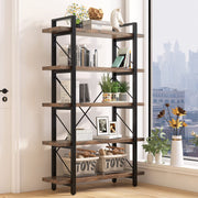 5-Tier Bookshelf Large Etagere Book Shelves,Industrial Style Bookcase and Book Shelves,Open Large Real Wood Bookshelfs,Retro Brown for Living Room Office, Retro Brown (LZ01-5tier-PLUS)