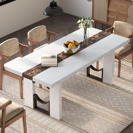 Inch Dining Table for 6-8 People, Large Rectangular Kitchen Table with Marble-Color