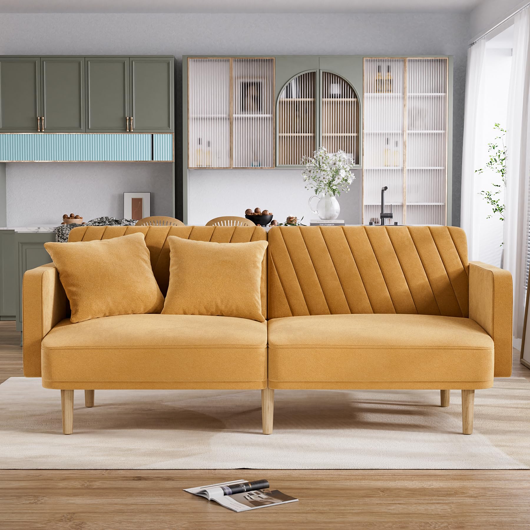 Futon Sofa Bed, Small Couch Mid Century Modern Loveseat with 2 Pillows, 75" W Convertible Futon