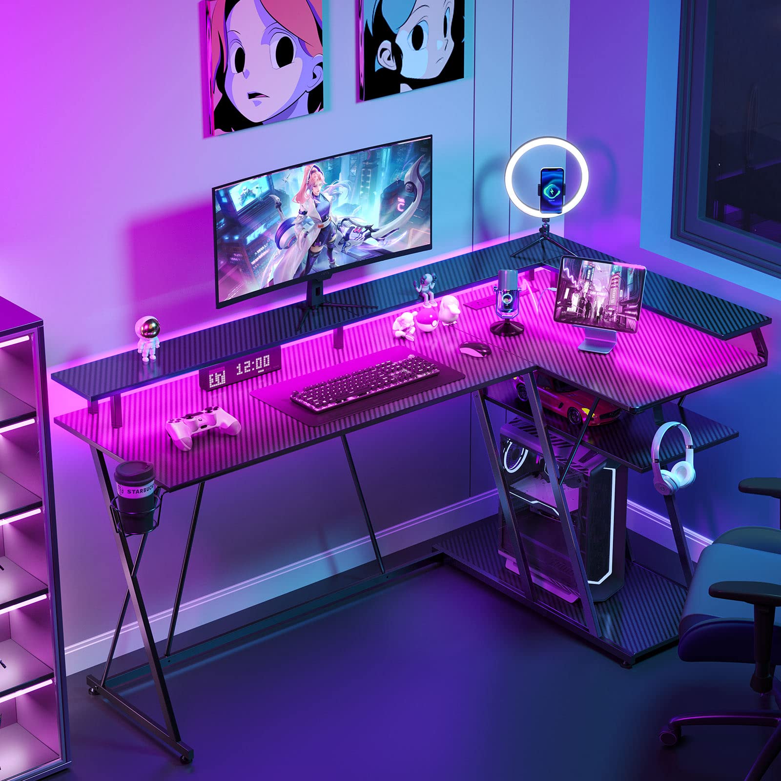L Shaped Gaming Desk with LED Lights & Power Outlets, 55” Reversible Corner Desk