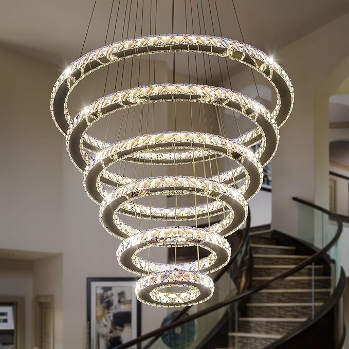 6 Ring Chandelier for High Ceiling with Remote Control, Black LED Chandelier Brightness