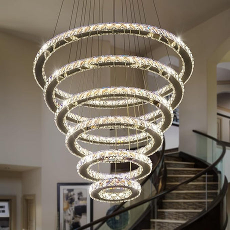 6 Ring Chandelier for High Ceiling with Remote Control, Black LED Chandelier Brightness