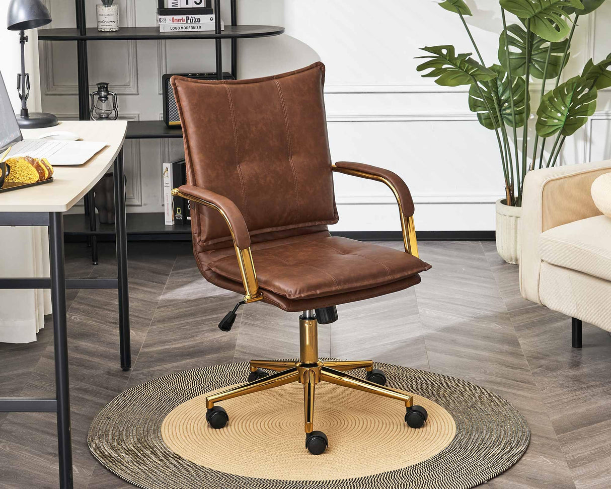 Mid-Back Ergonomic Leather Office Desk Chair, Modern Upholstered Computer Chair