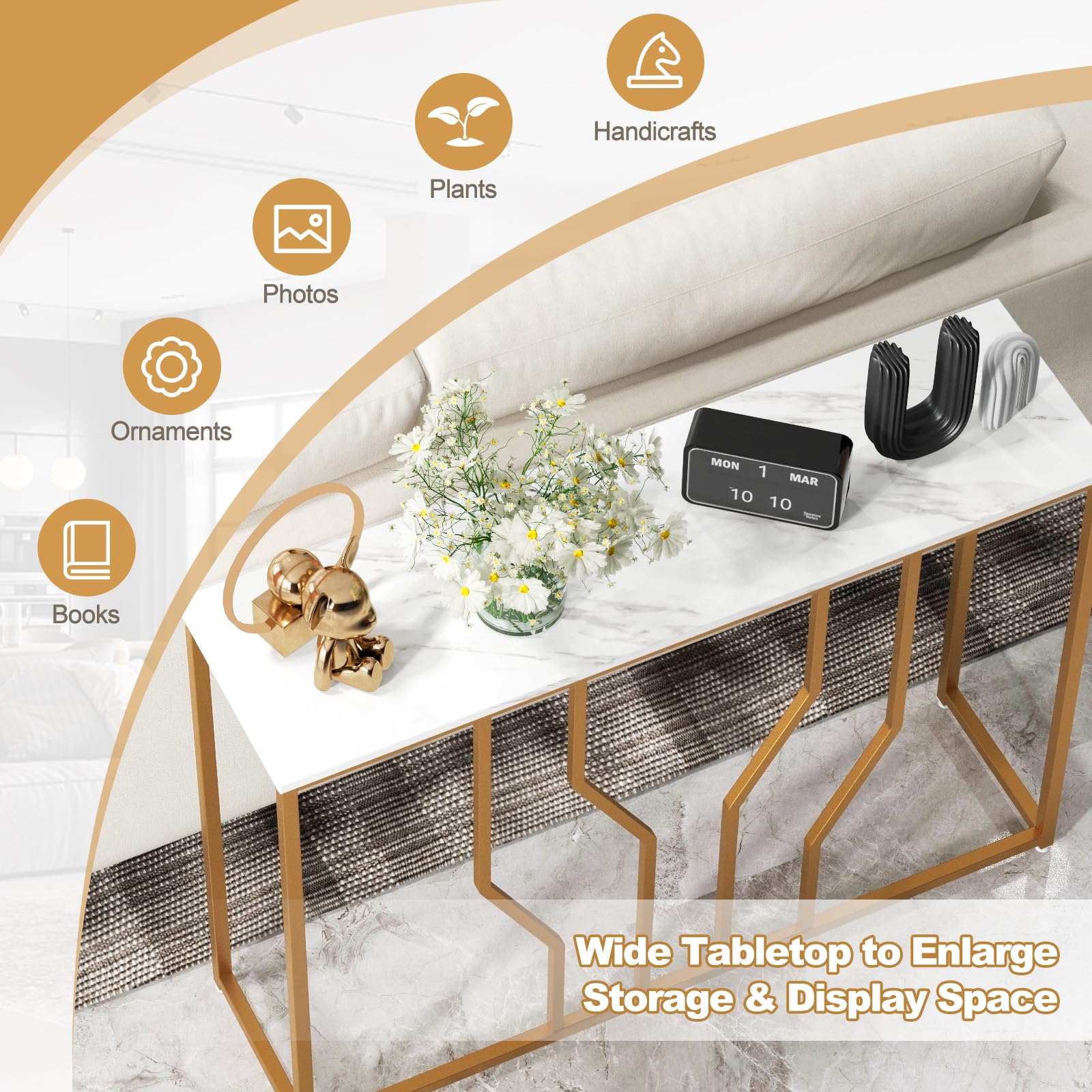 Gold Console Table, 44” Modern Narrow Entryway Table with Faux Marble Tabletop