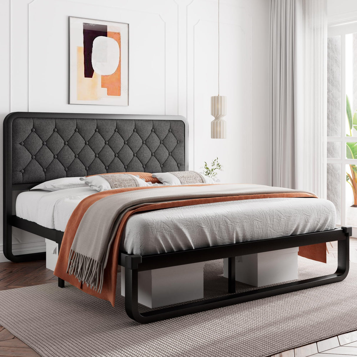 Queen Size Metal Bed Frame with Linen Upholstered Headboard, Curved Platform