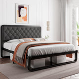 Queen Size Metal Bed Frame with Linen Upholstered Headboard, Curved Platform