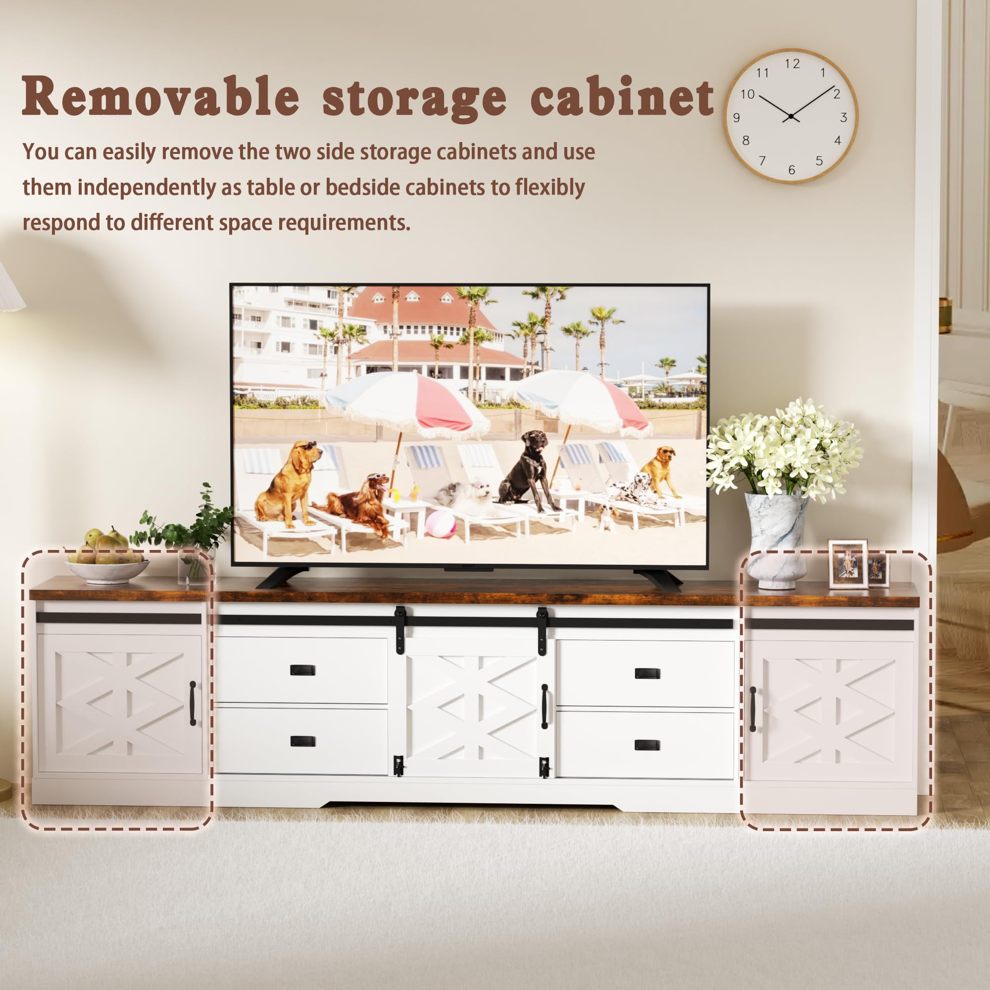 QUNTTINA 98" Farmhouse TV Stand for 100+ Inch TVs Entertainment Center with Storage Cabinets Large Mid Century Modern Media Console Table TV Cabinet for Living Room,Bedroom,White and Brown