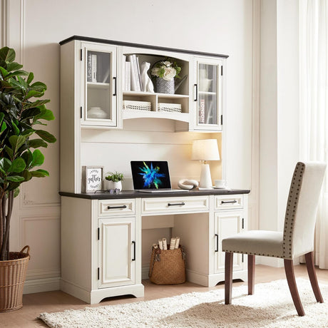 Farmhouse 76" Height Computer Desk with Hutch, Office Desk with Charging Station, Drawers and Storage Cabinet, Workstation for Office Home, Off White