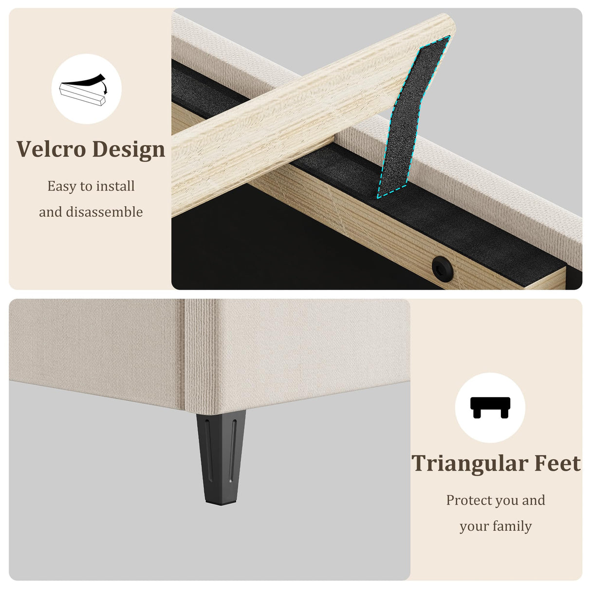 Beige Upholstered Queen Bed Frame with Platform & Wood Slats