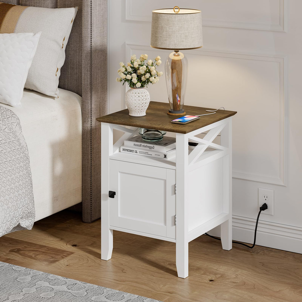 Night stand with Charging Station, Bedside Table 17.8" L x 17.8" W x 23.62" H White