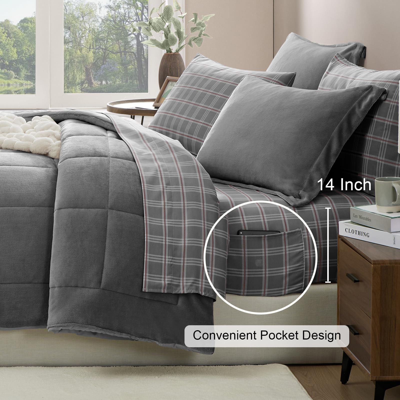 AMBERSPACE Fleece Queen Comforter Set-7 Pieces Bed in A Bag Queen,Blue Grey Plush Bedding Comforter Sets, Soft Warm Queen Comforter Set with Sheets,Comforter,Pillowcases and Shams