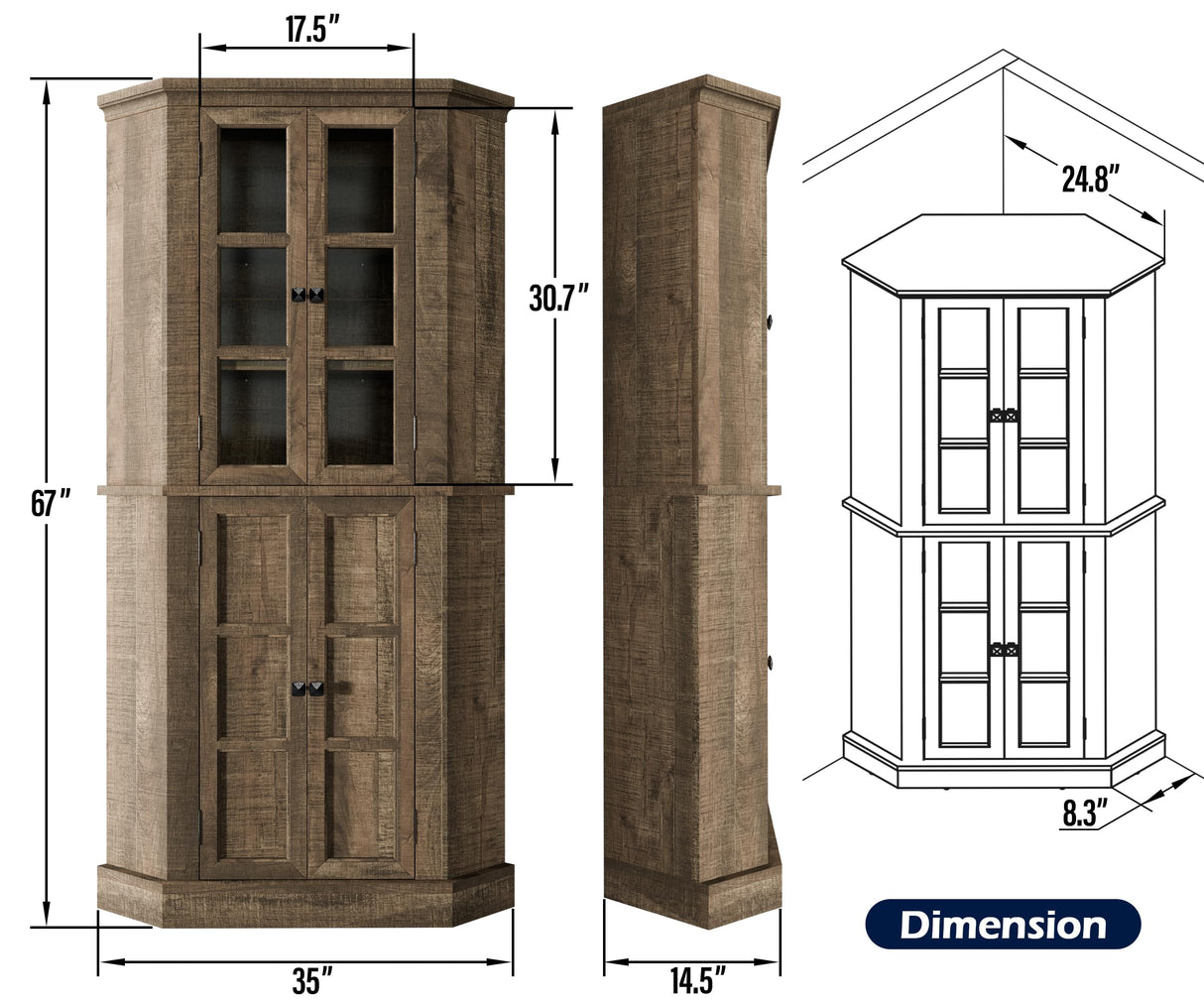 Corner Storage Cabinet, 67" Kitchen Corner Pantry Cabinet with Glass Doors, Farmhouse