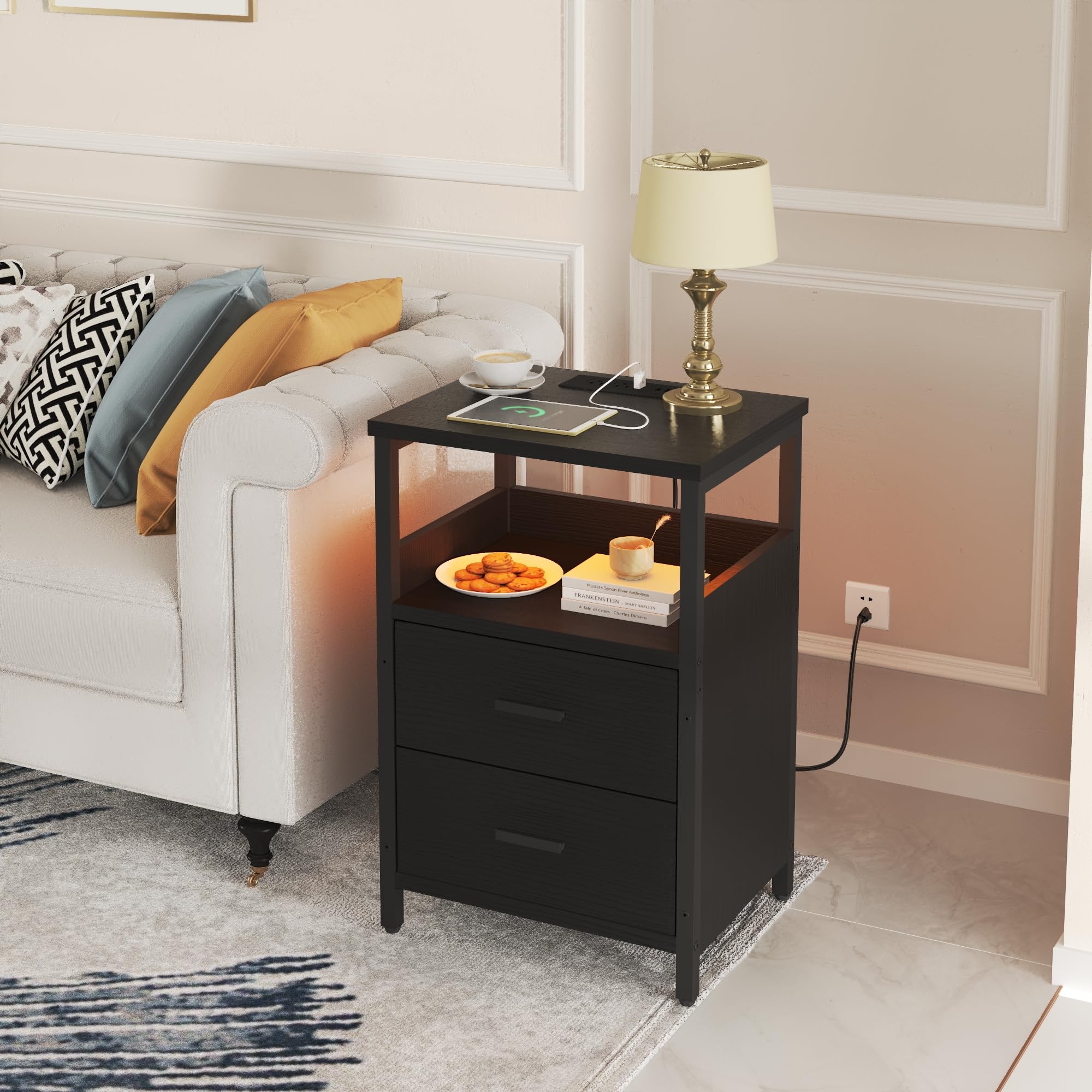 LED Nightstand with Charging Station, Side Table with USB Ports and Outlets
