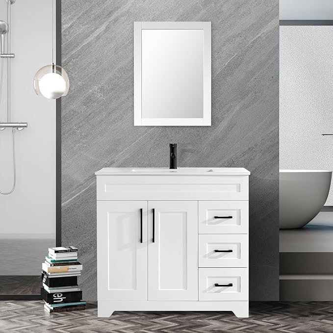 36” Luxurious Bathroom Vanity with Ceramic Sink Combo, White Bathroom Cabinet