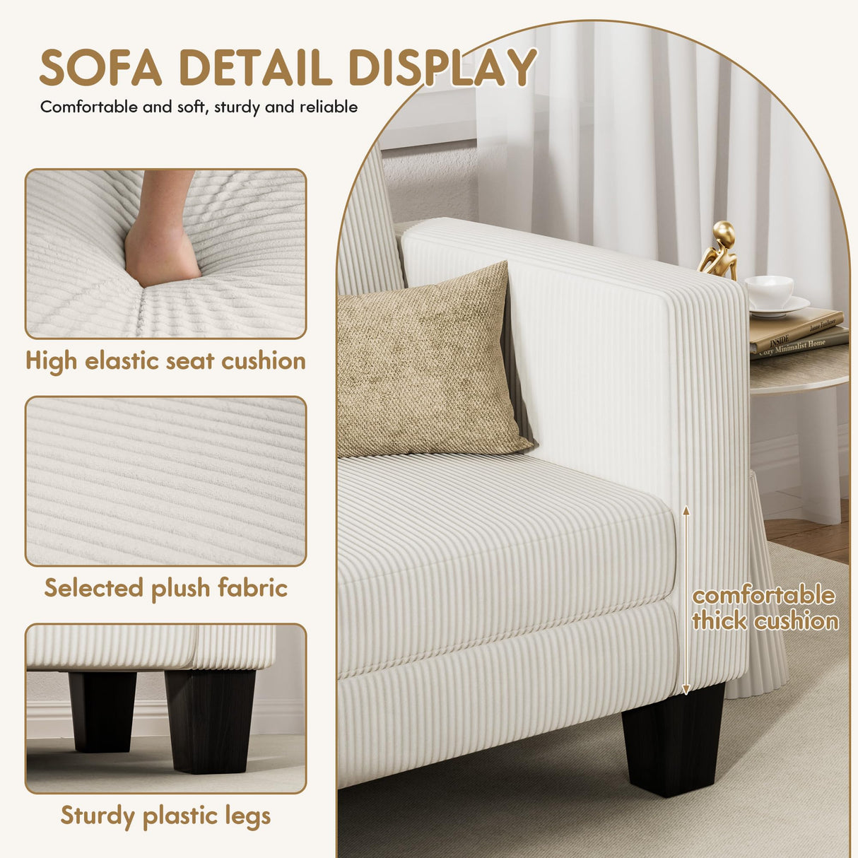 YESHOMY L-Shaped Convertible Sectional Sofa 3 Seater with Corduroy Fabric, Complete with Mobile Footrest, for Living Room, Apartment and Office, 70", Beige