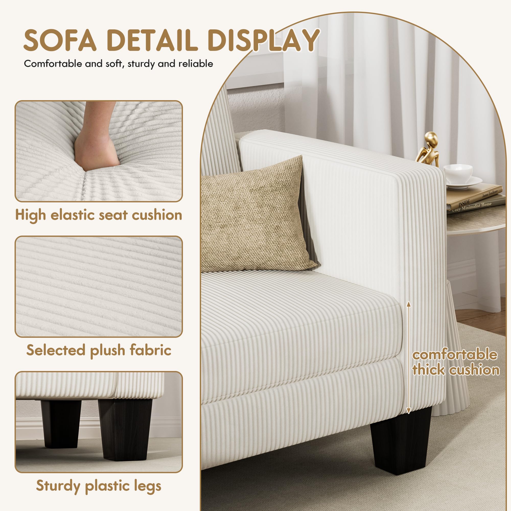 YESHOMY L-Shaped Convertible Sectional Sofa 3 Seater with Corduroy Fabric, Complete with Mobile Footrest, for Living Room, Apartment and Office, 70", Beige