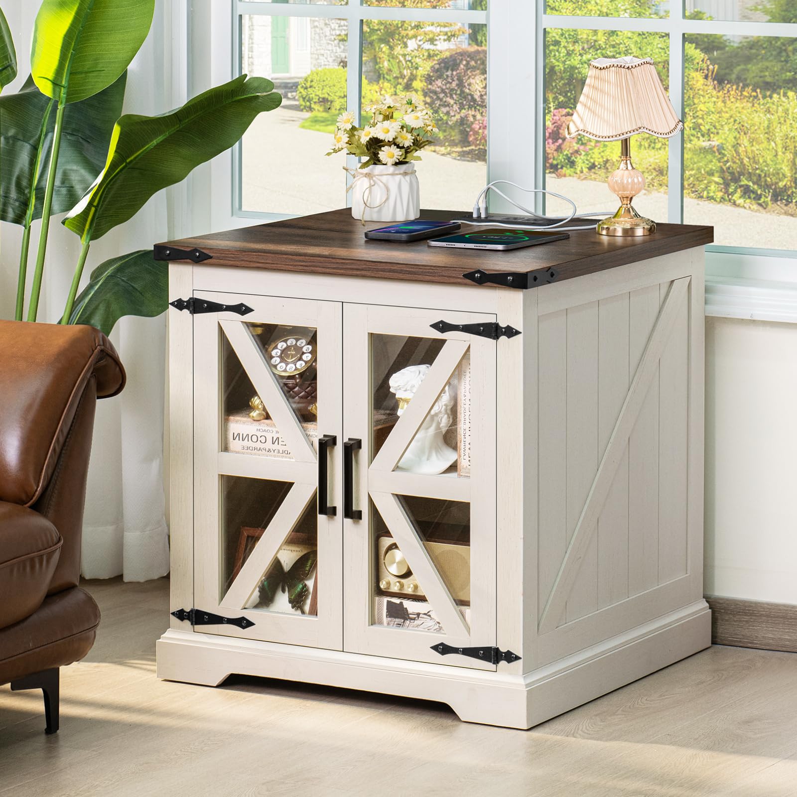 24" End Table Set of 2 with Charging Station, Farmhouse Night Stand with Glass Barn Door