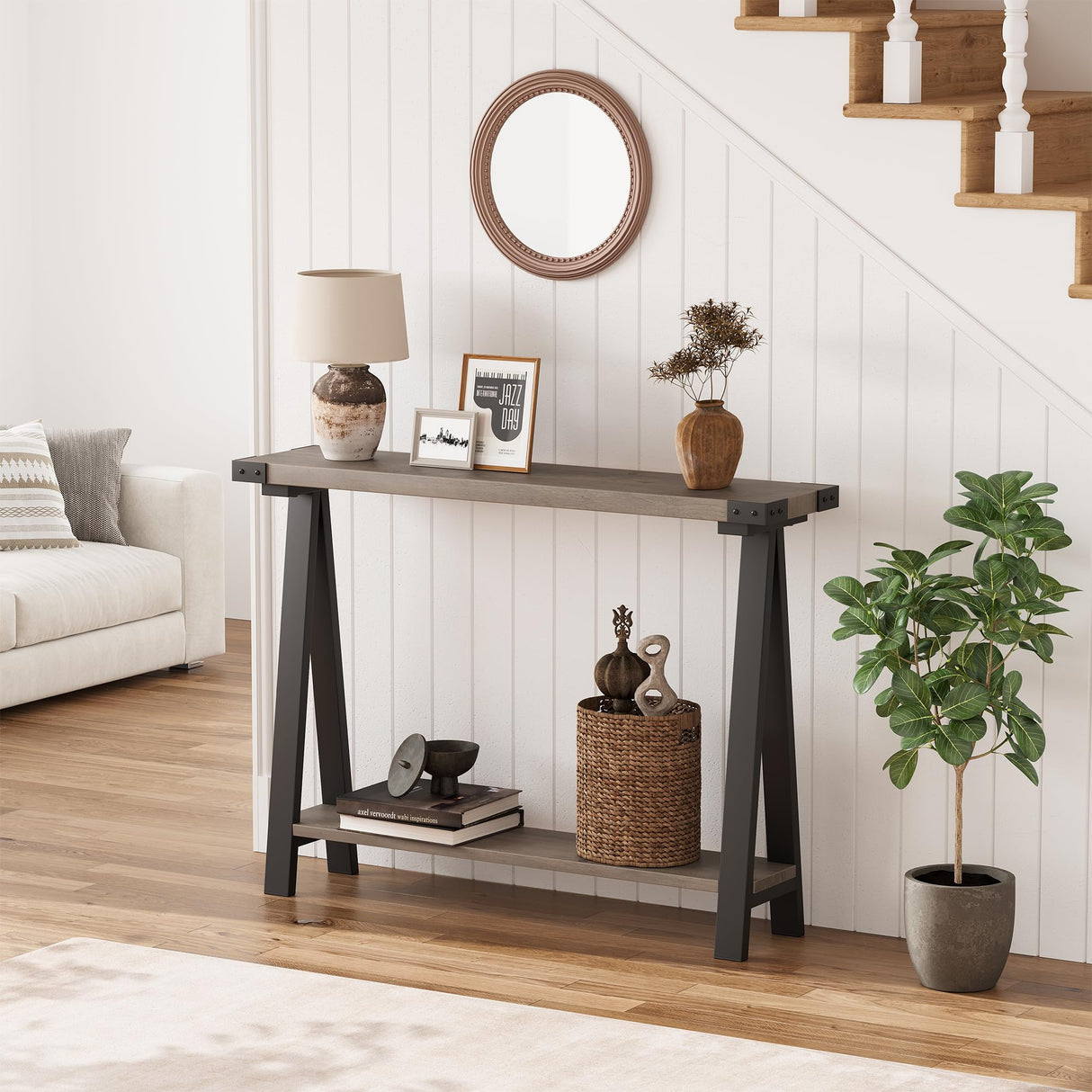 Farmhouse Console Table, 43.3" Entryway Table with Storage, 2 Tier Sofa Table