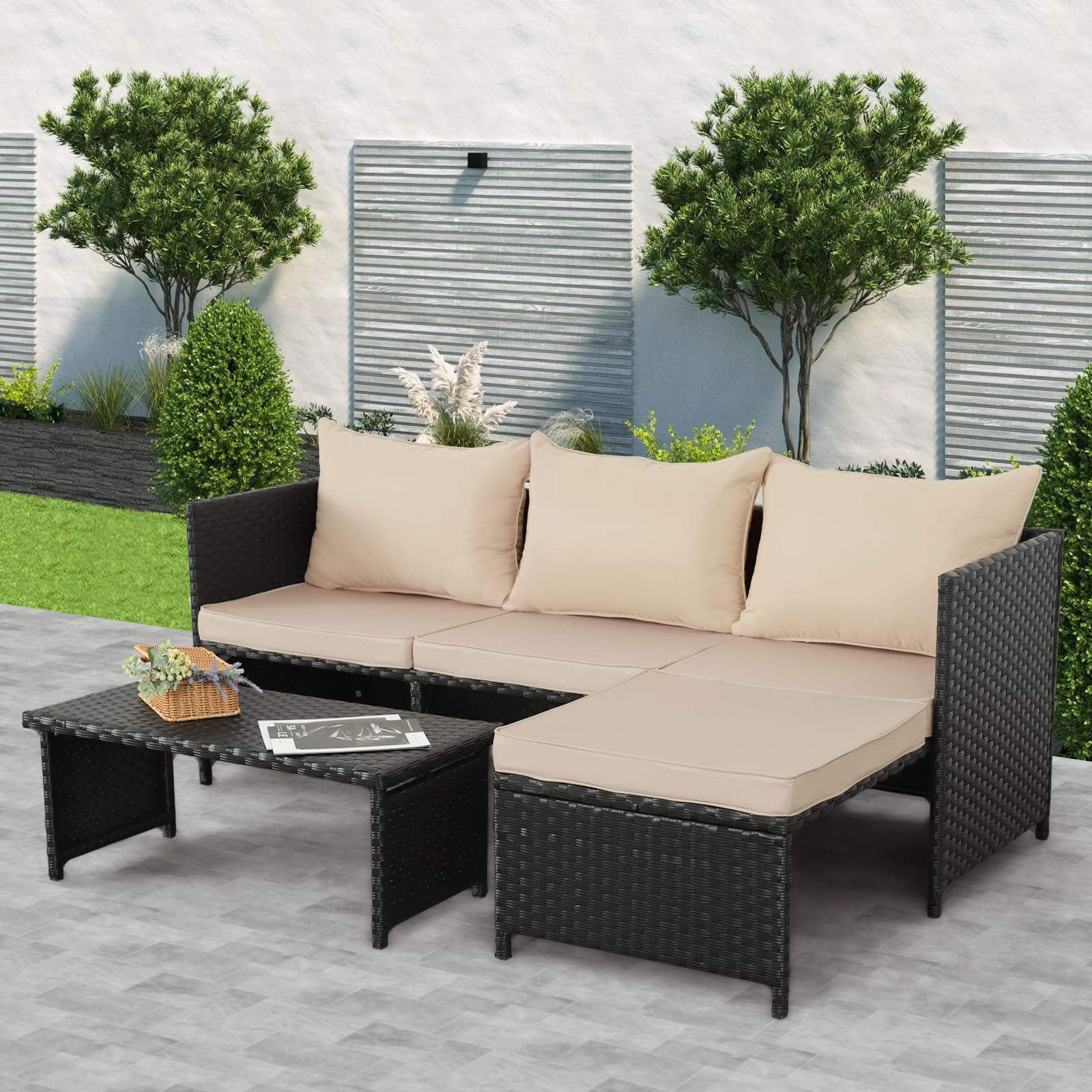 Valita 3-Piece Outdoor PE Rattan Furniture Set Patio Black Wicker Conversation Loveseat Sofa Sectional Couch Khaki Cushion