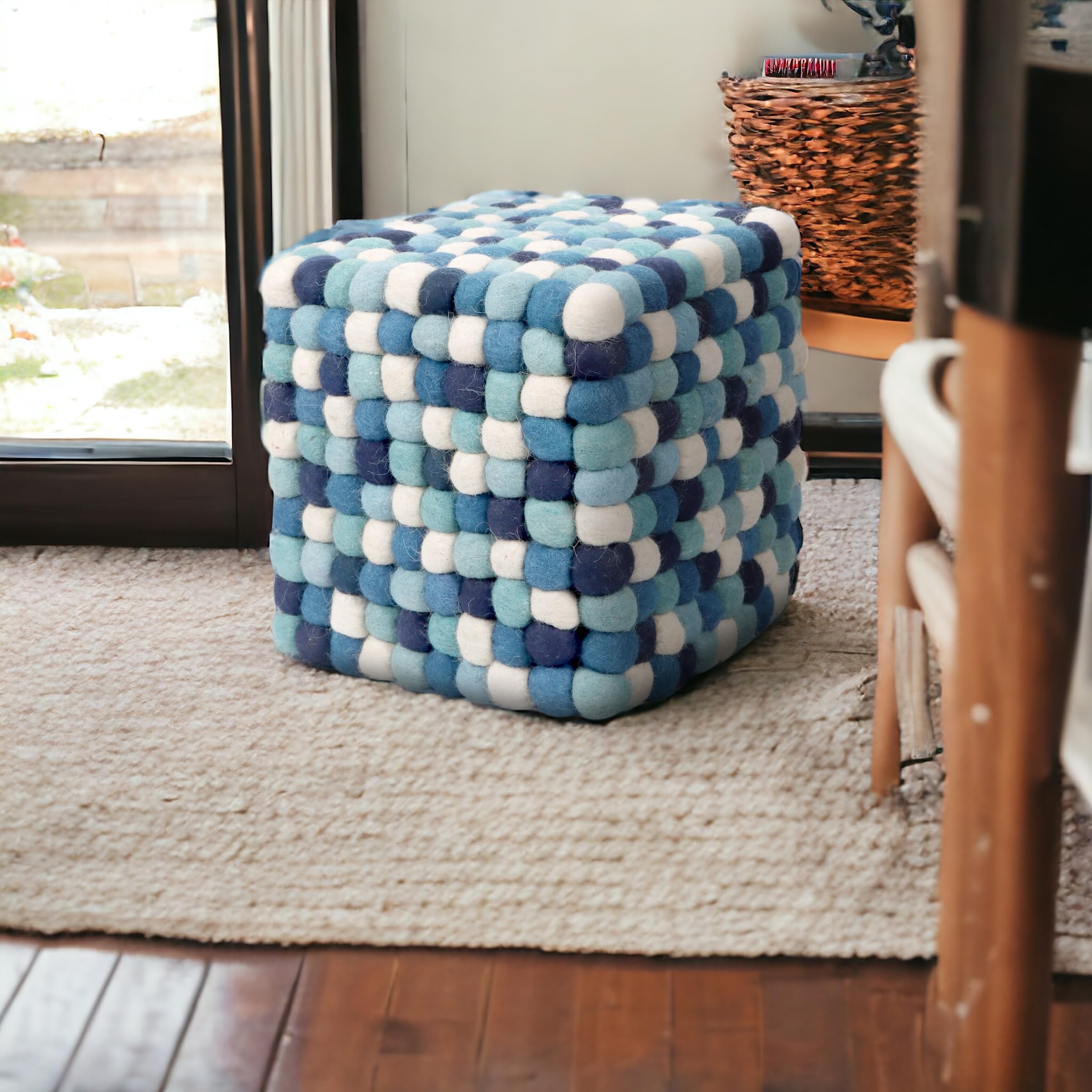 Multi Colored Cube Felt Ball Ottoman Pouf 15 Inches for Living Room, Bedroom