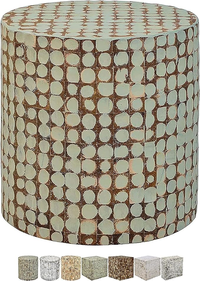 Round Side Table - Real Coconut Shell Mosaic Inlaid, Pre-Assembled,