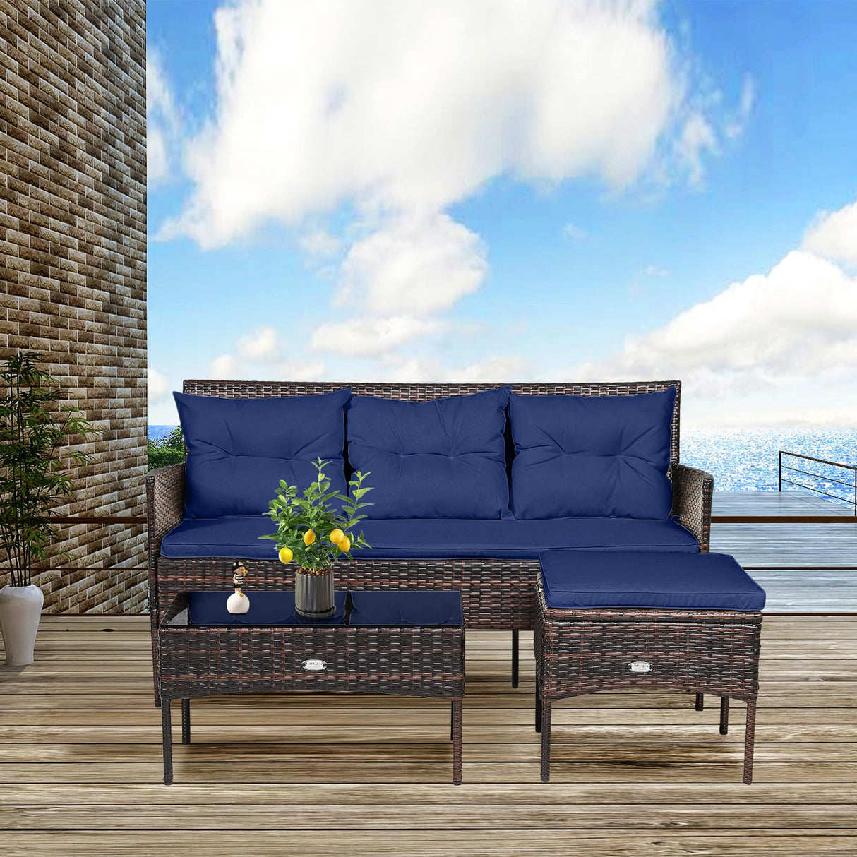 3 Pieces Patio Furniture Sectional Set, Rattan Wicker Conversation Set