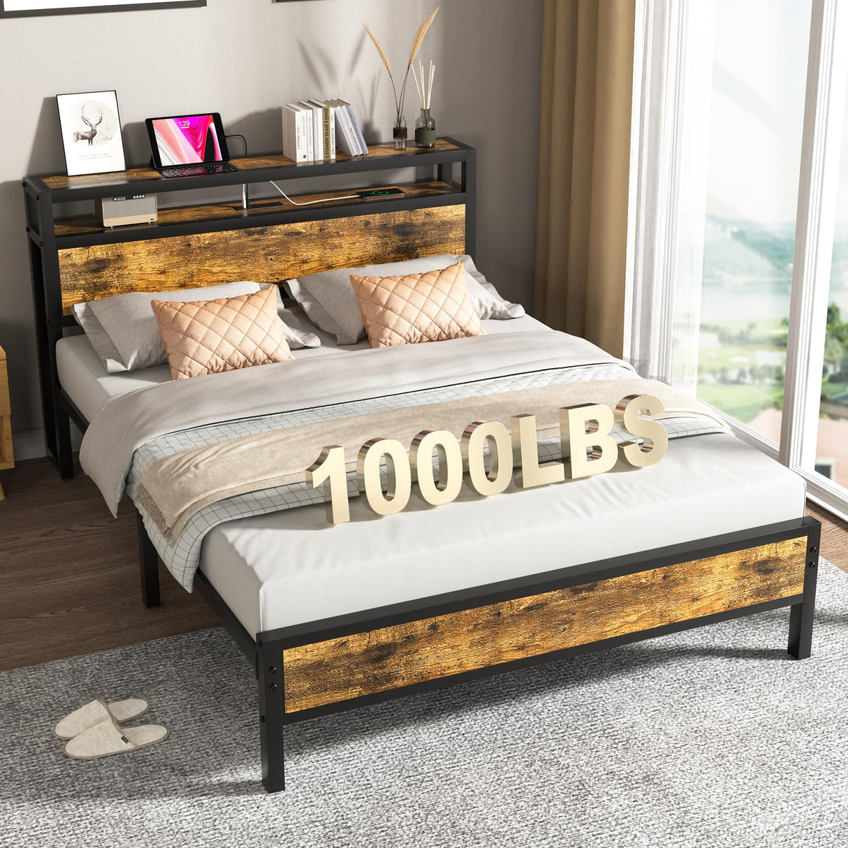 Full Bed Frame with Charging Station Headboard, Platform Bed with 2-Tier Storage Shelf,