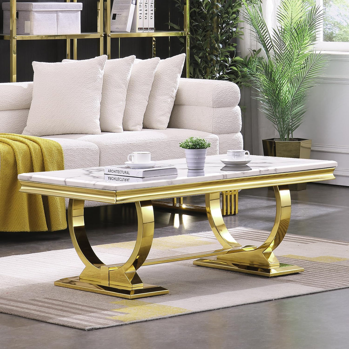 Gold Coffee Table, White and Gold Rectangle Living Room Tea Table