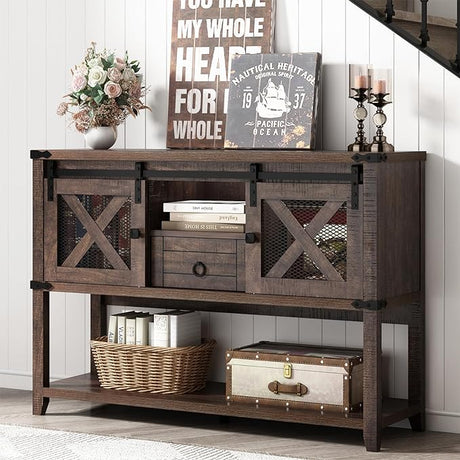 Farmhouse Entryway Table with 2 Sliding Barn Doors & Drawer, 46'' Rustic Console Table