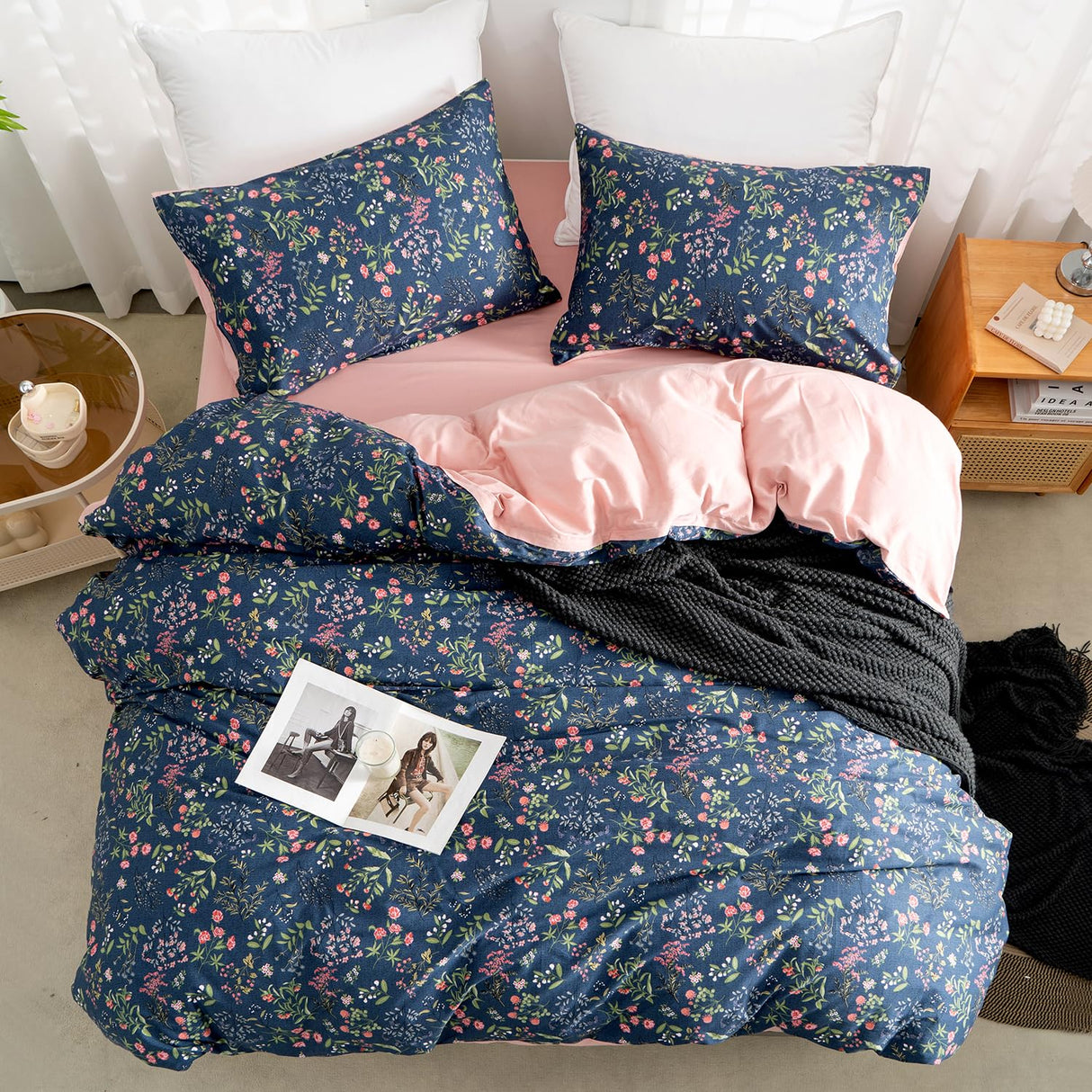 Floral Queen Comforter Set 3 Pieces Soft Cotton Chic Garden Style Floral Print Lightweight Vintage Botanical