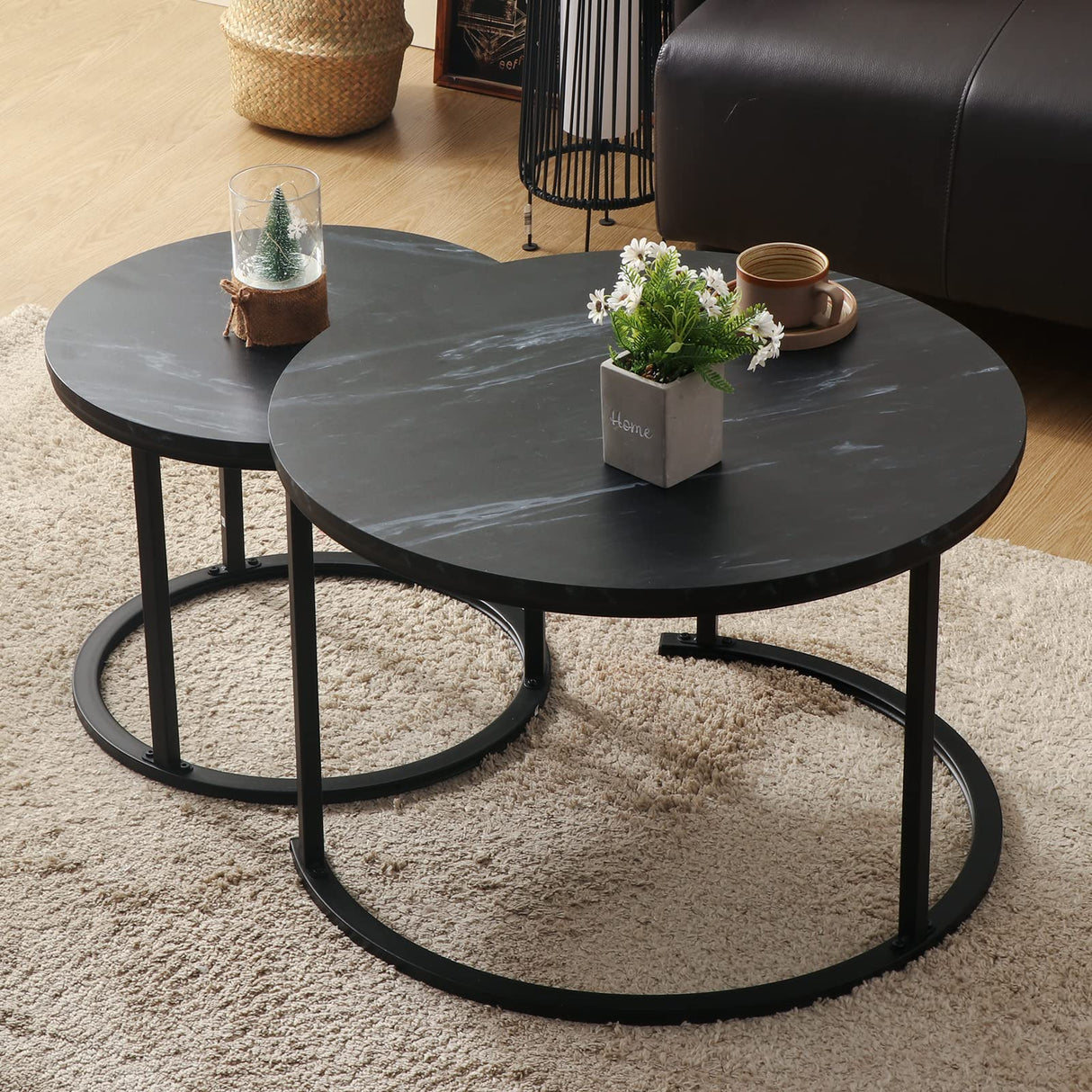Round Nesting Coffee Table 27" Wood and Metal Stacking Coffee Tables