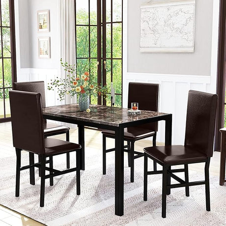 Kitchen Table and Chairs Set, Faux Marble Dining TableSet for 4,Modern DinnerTable