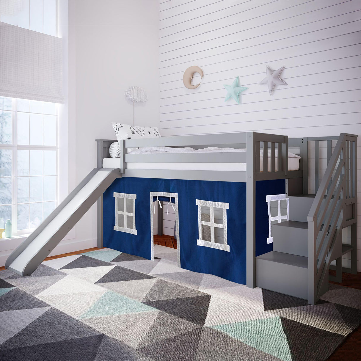 Loft Bed, Twin Bed Frame For Kids With Stairs, Slide, and Curtains for bottom, Grey/Blue