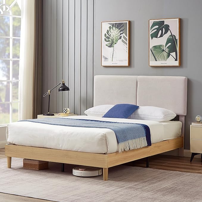 Platform Queen Bed Frame Upholstered Beds with Height-Adjustable Cotton