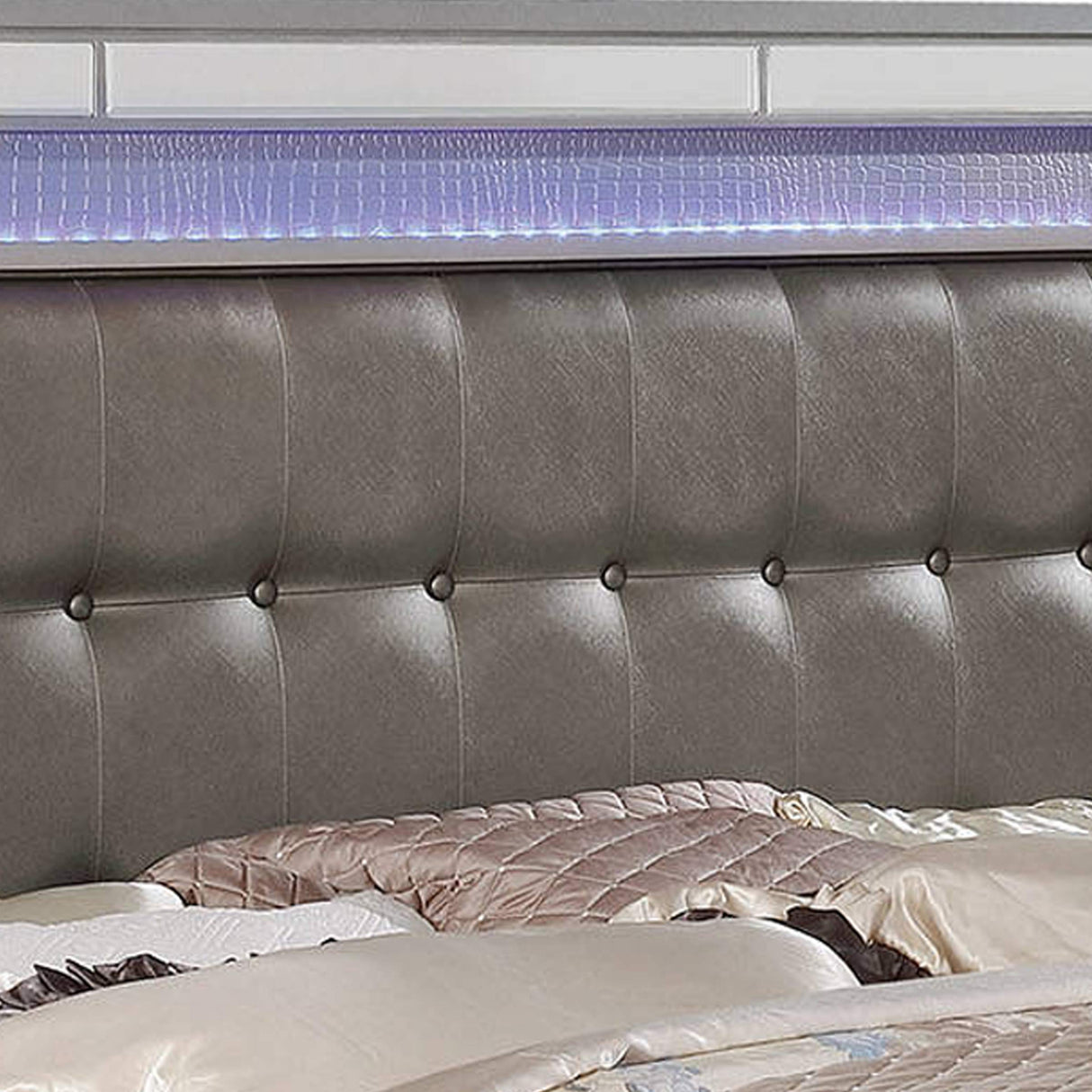 Benjara Contemporary Button Tufted Eastern King Bed with Ornate Bun Feet, Silver