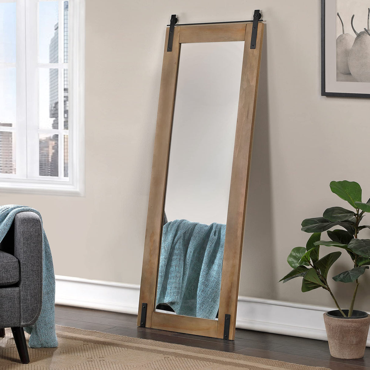 Brown Monet Barn Door Standing Mirror, Full Length Leaning or Wall-Mounted Mirror,