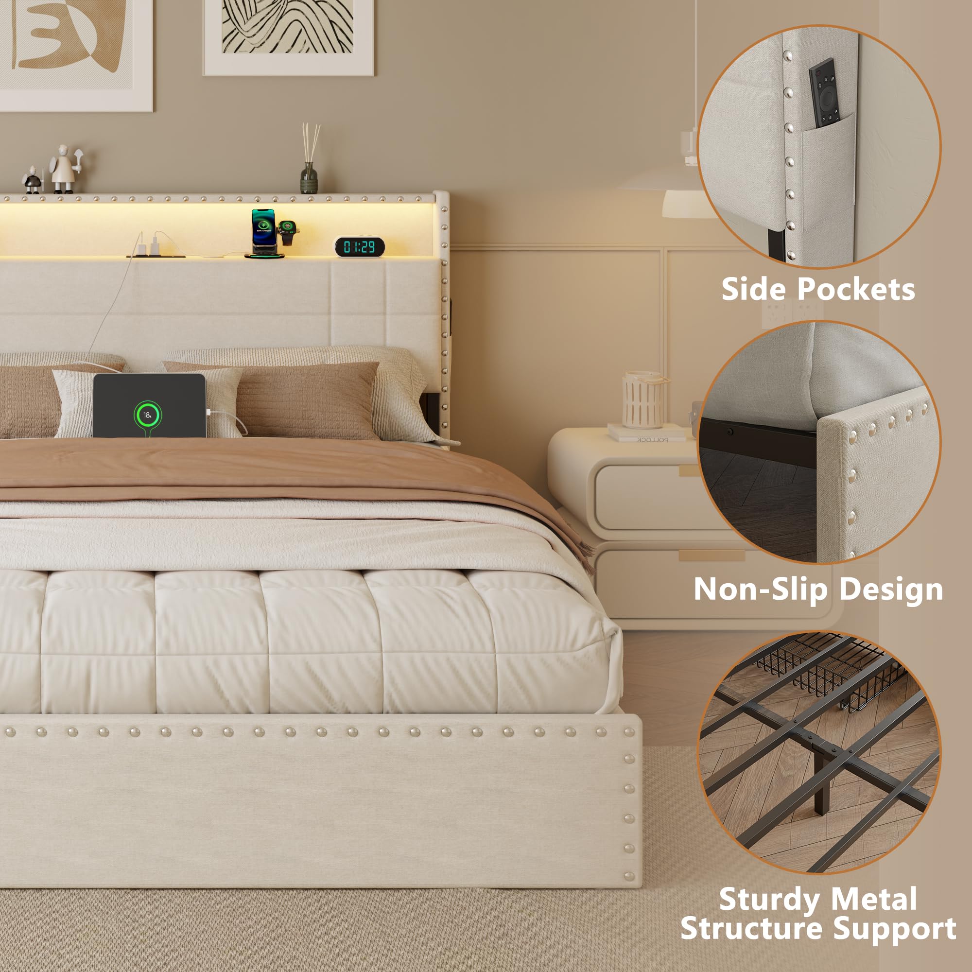 Queen Bed Frame with Storage Drawers, LED Lights & Charging Station