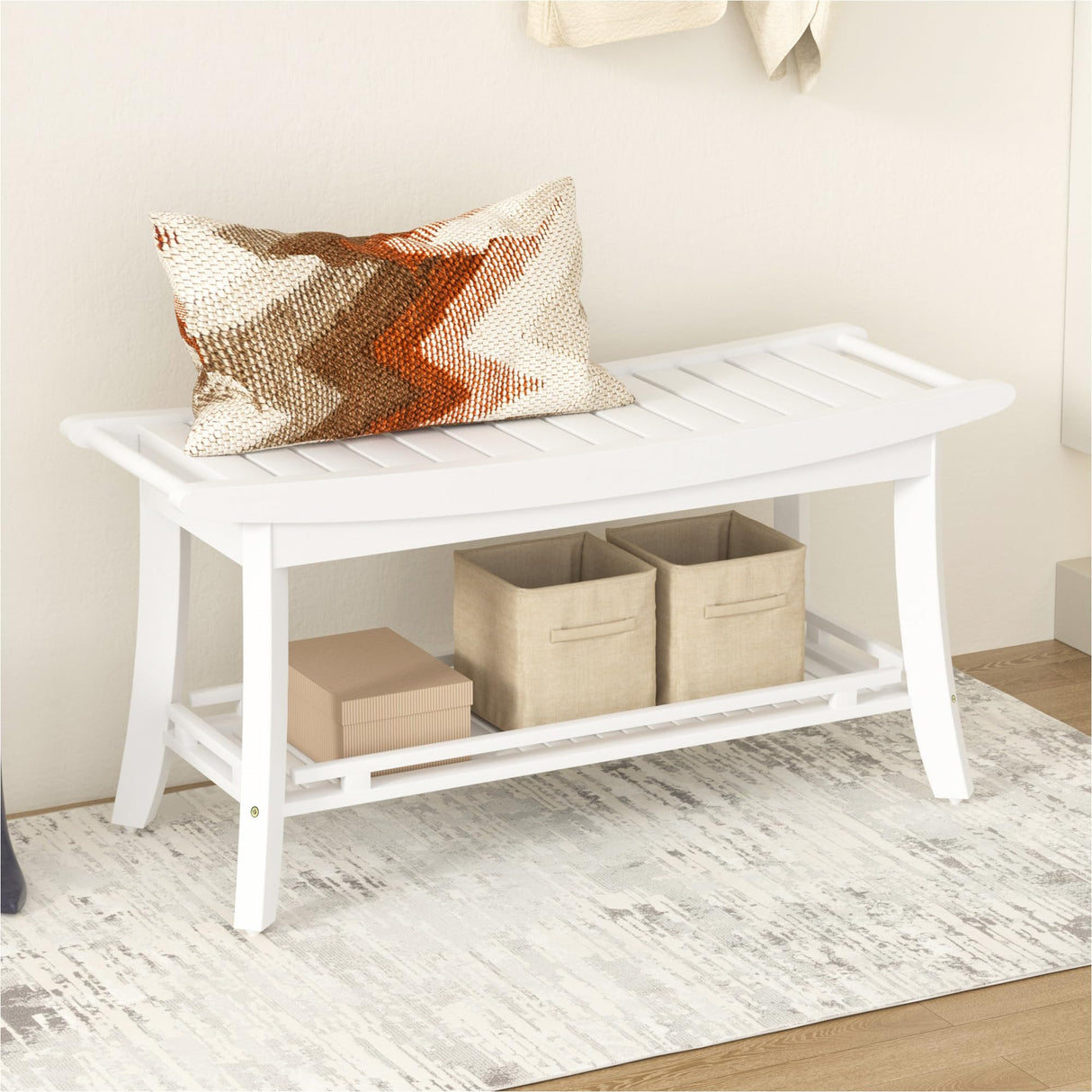 Bamboo Entryway Storage Bench with Shelves Shoe Rack Bench Seat Organizer for Porch Bedroom Bathroom Balcony 39 x 13 x 19.2 Inches White