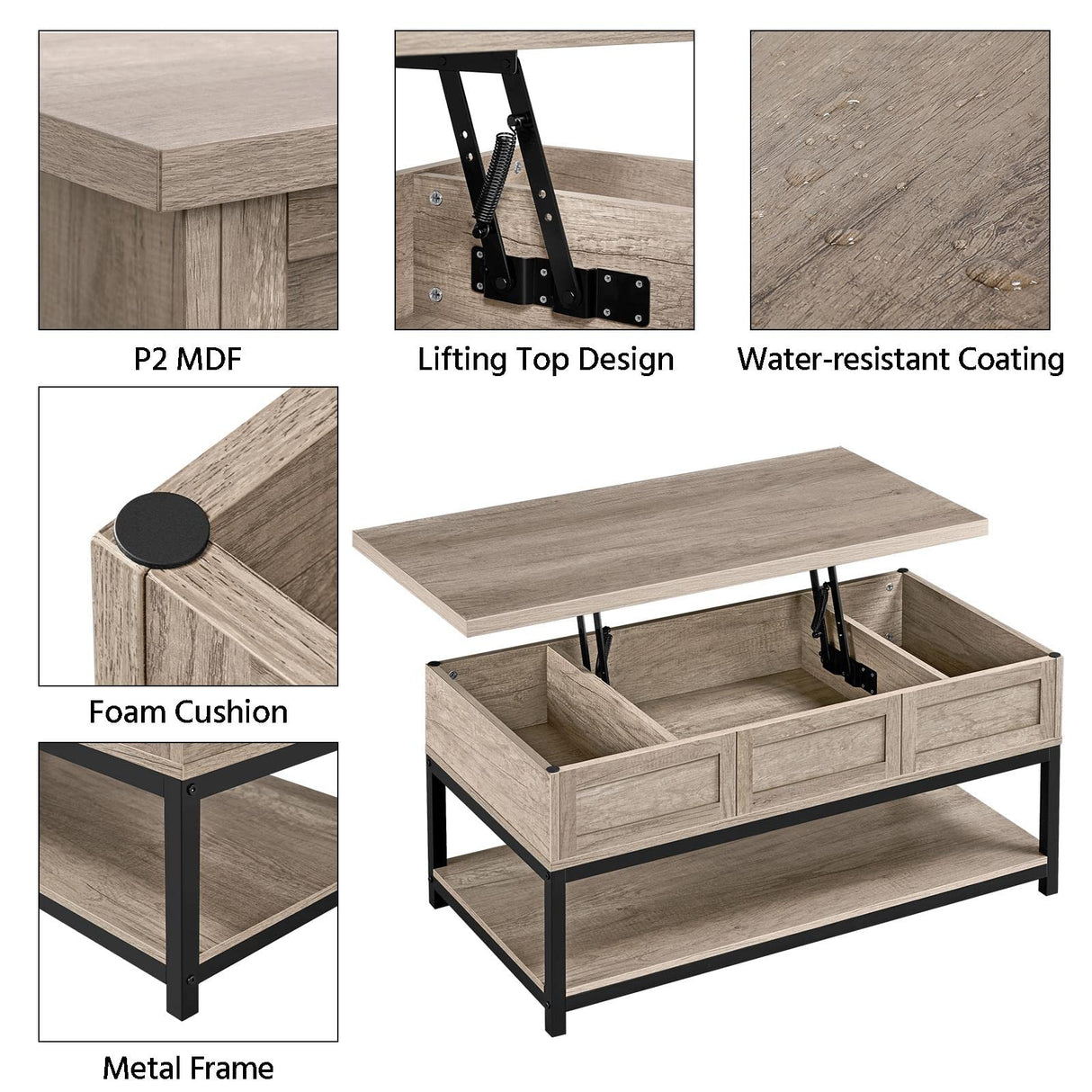 Lift Top Coffee Table with Hidden Compartments & Open Shelf