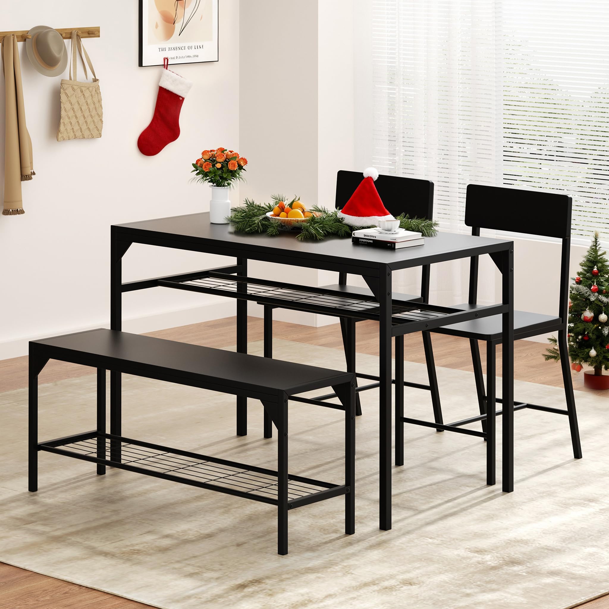 4-Piece Dining Table Set with Bench & Chairs - Black