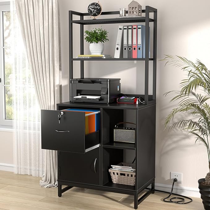 Filing Cabinet with Lock & Charging Station, Large Drawer Wood File Cabinet with Bookshelf, Printer