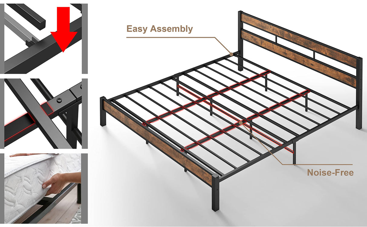 King Bed Frame and Headboard, Easy Assembly, Noise-Free, No Box Spring Needed