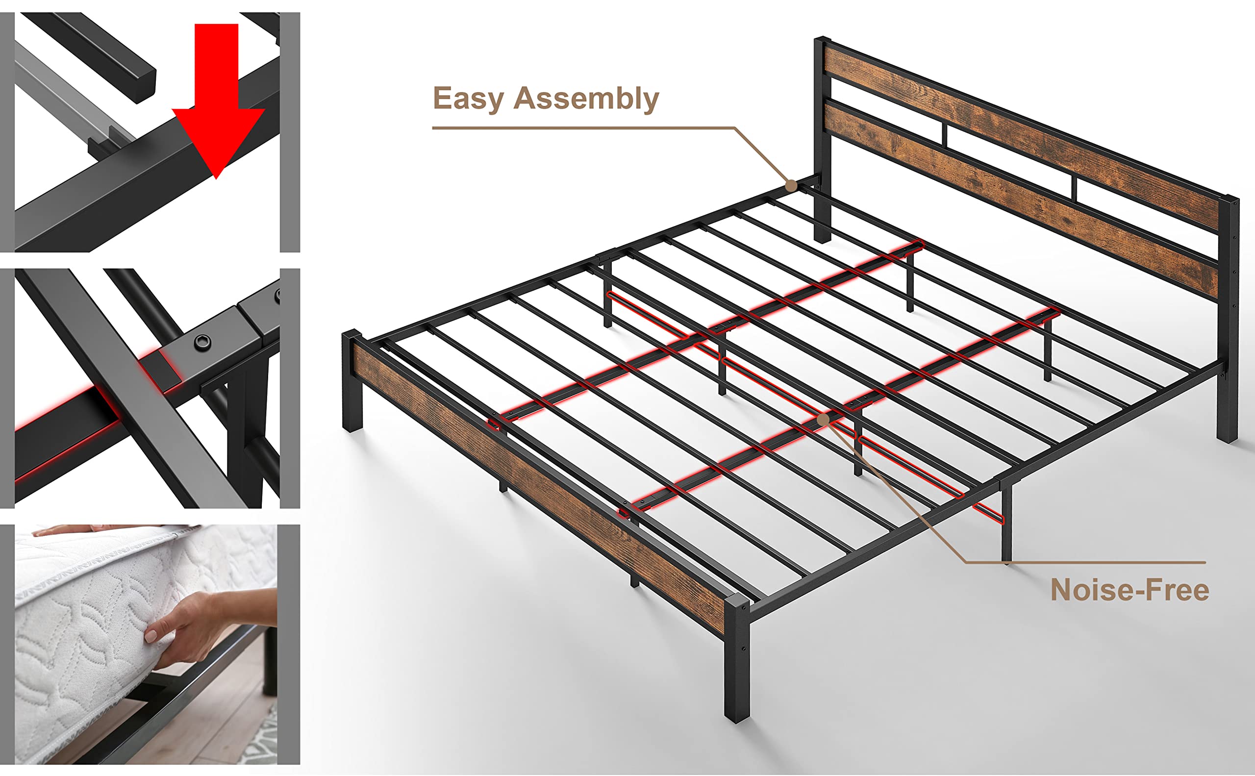 King Bed Frame and Headboard, Easy Assembly, Noise-Free, No Box Spring Needed